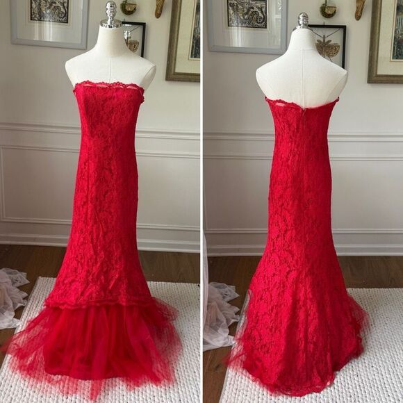 Vintage 90s Y2K Zum Zum Red Lace Strapless Mermaid Formal Gown XS S - Picture 1 of 8